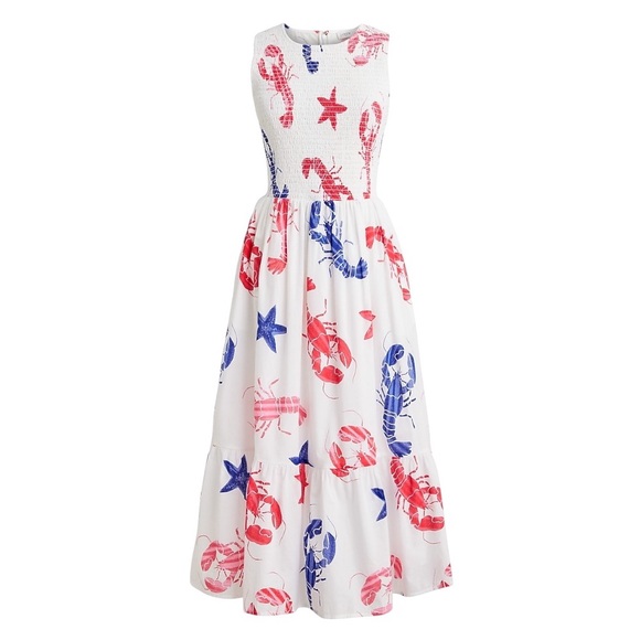 J.Crew Women’s XL Lobster Print Smocked Tiered Sleeveless Coastal Vacation Dress - Picture 3 of 11